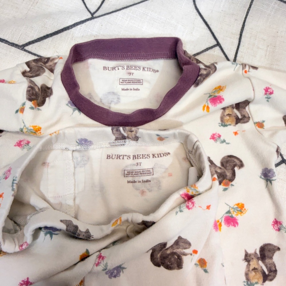 Burts Bees‎ Baby Pajamas 3T Organic Cotton Squirrel Floral Sleepwear Set Cream - Picture 8 of 10